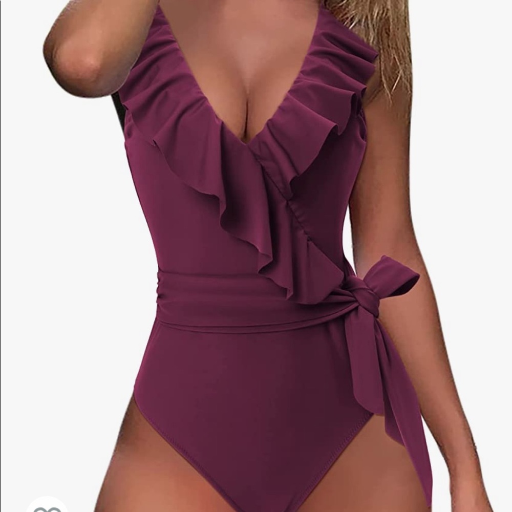 Brand New: Size L; Red Wine in Color - MOSHENGQI Women Ruffle One Piece Swimsuit